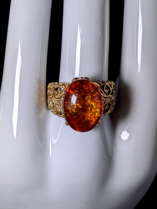 Vintage Genuine Amber Solitaire Gold over Sterling Filigree Ring