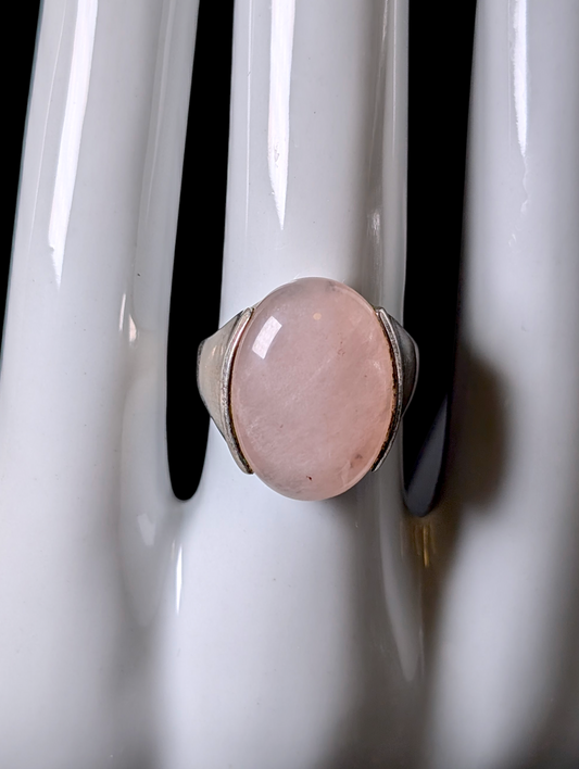 Vintage Oval Cabochon Bezel Set Genuine Rose Quartz Solitaire Sterling Silver Ring