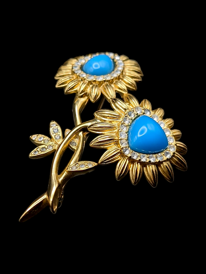 Vintage Nolan Miller Turquoise Cabochon Daisy with Crystal Rhinestones Brooch Pin
