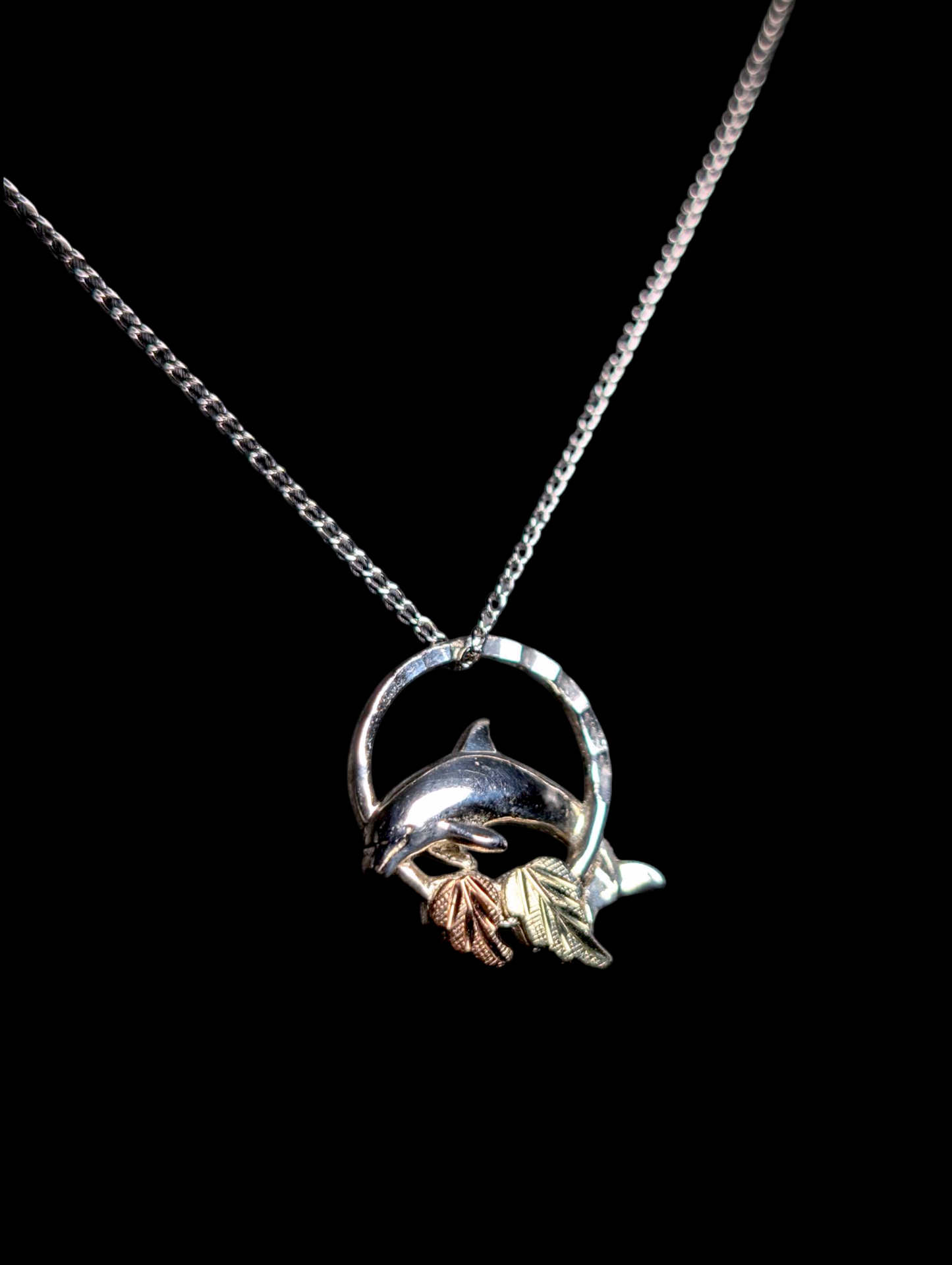 Vintage Black Hills Gold Dolphin and Grape Leaves Slider 12k Gold and Sterling Silver Pendant