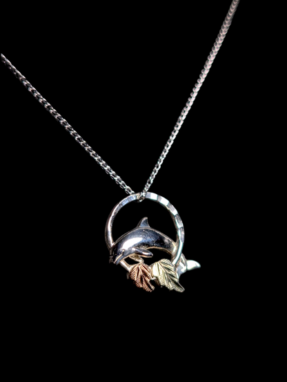 Vintage Black Hills Gold Dolphin and Grape Leaves Slider 12k Gold and Sterling Silver Pendant