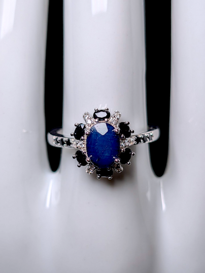 Vintage Earth Mined Oval Cut Genuine Sapphire Solitaire with Simulated Diamond Accents Sterling Silver Ring