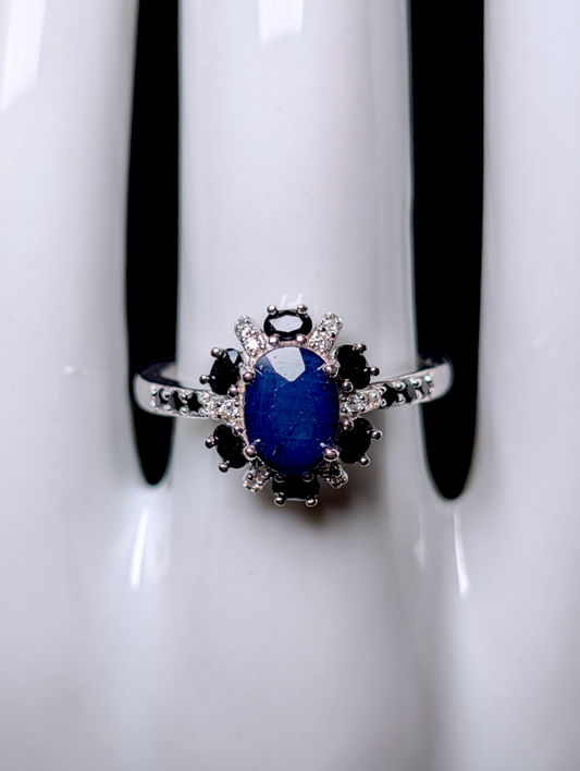 Vintage Earth Mined Oval Cut Genuine Sapphire Solitaire with Simulated Diamond Accents Sterling Silver Ring