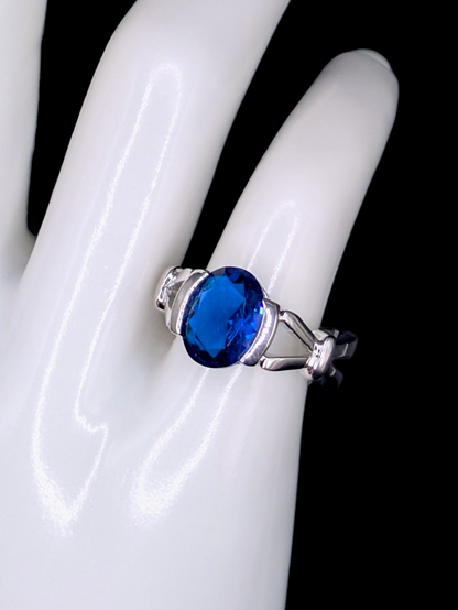 Vintage Inspired Oval Cut Simulated Blue Sapphire Solitaire Silver Toned Ring