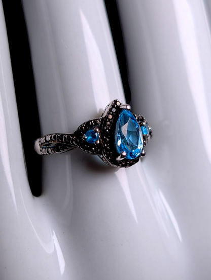Vintage Pear Cut Solitaire Genuine London Blue Topaz Black Rhodium over Sterling Silver Ring