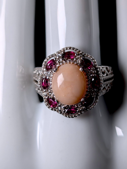 Vintage Edwardian Inspired Genuine Pink Opal Solitaire with Rhodolite Garnet and White TopazHalo Sterling Silver Filigree Ring