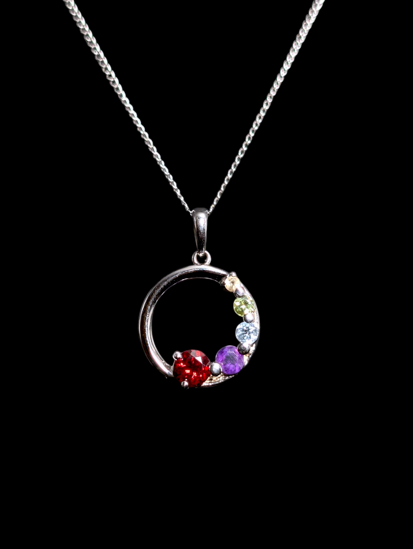 Vintage Dainty Circle Multi-Stone Genuine Garnet, Amethyst, Topaz, Peridot, and Citrine Sterling Silver Pendant