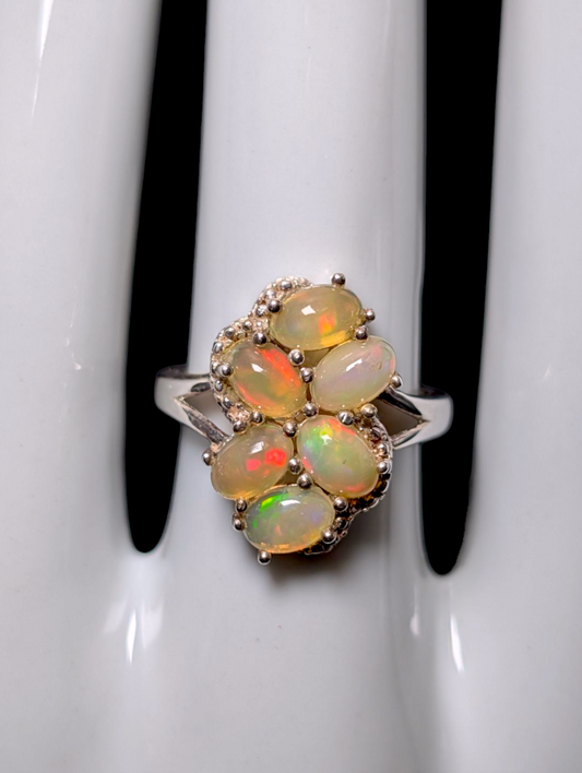 Vintage Cluster Genuine Ethiopian Opal Sterling Silver Statement Ring