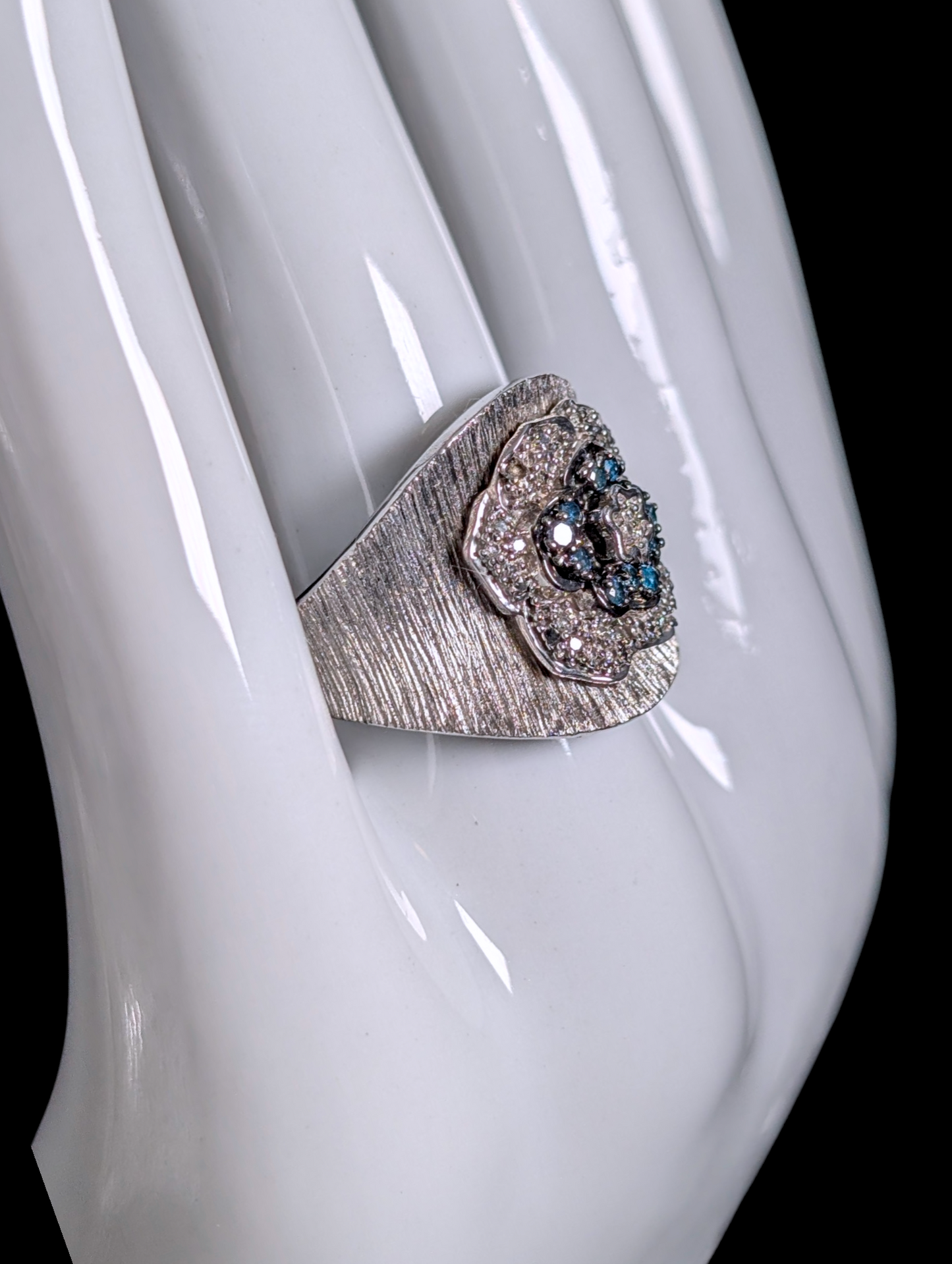 Vintage Flower Motif Genuine Blue and White Diamond Sterling Silver Wide Band Ring