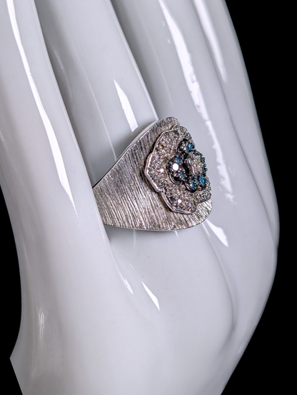Vintage Flower Motif Genuine Blue and White Diamond Sterling Silver Wide Band Ring