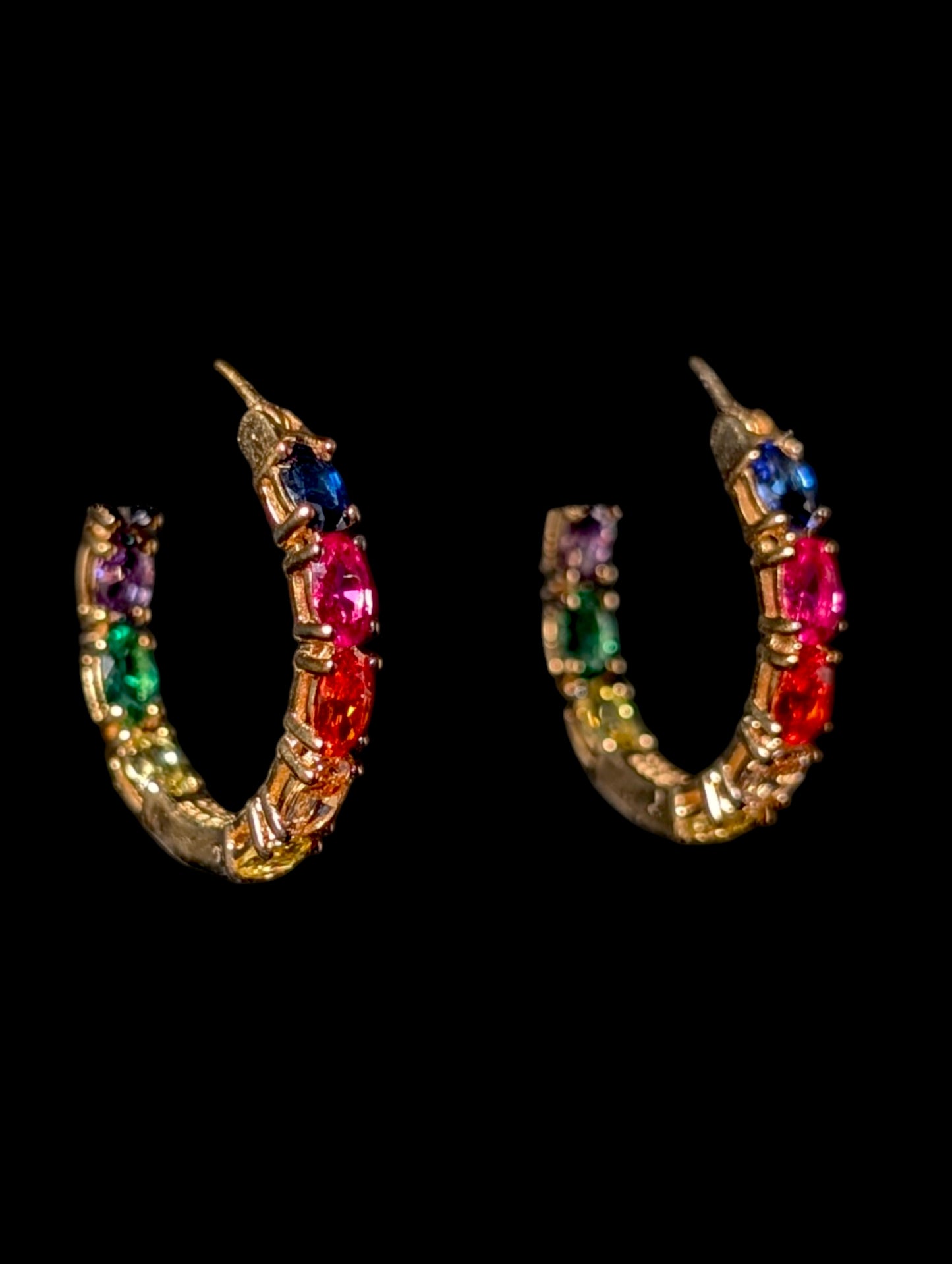 Vintage Mixed Rainbow Genuine Gemstone 14k Yellow Gold Vermeil Inside Out Hoop Earrings