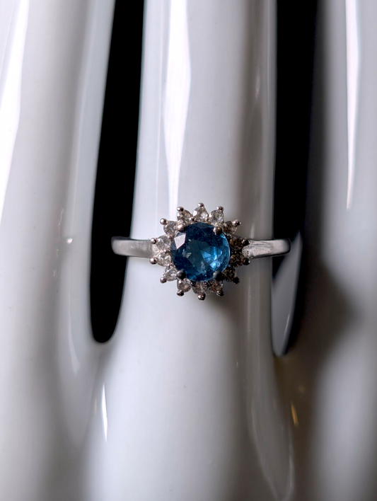 Vintage Dainty Round Cut Genuine Blue Topaz Solitaire with White Zircon Halo Sterling Silver Ring