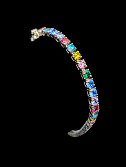 Vintage Rainbow Round Cut Simulated Multi Gemstone Sterling Silver Tennis Bracelet