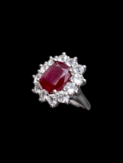 Vintage Earth Mined Genuine Ruby Rectangular Cushion Cut Solitaire and White Topaz Halo Rhodium over Sterling Silver Statement Ring