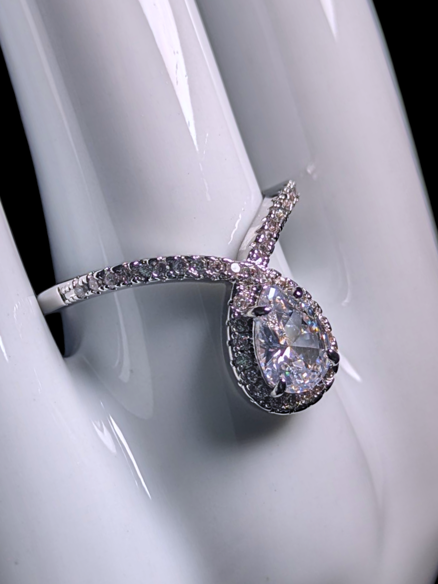 Vintage Inspired Pear Drop Cut Simulated Diamond Solitaire with Simulated Diamond Halo Silver Toned Ring