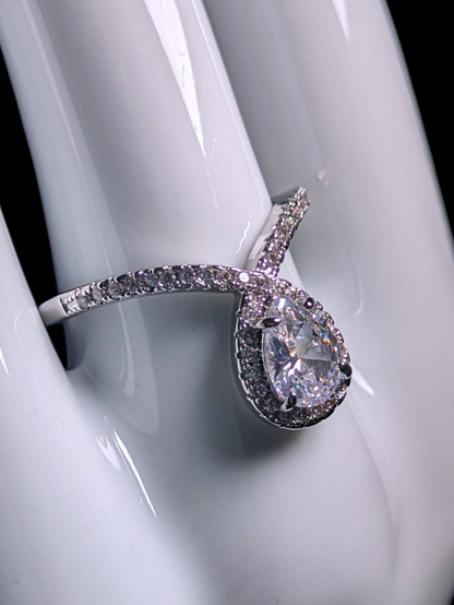 Vintage Inspired Pear Drop Cut Simulated Diamond Solitaire with Simulated Diamond Halo Silver Toned Ring