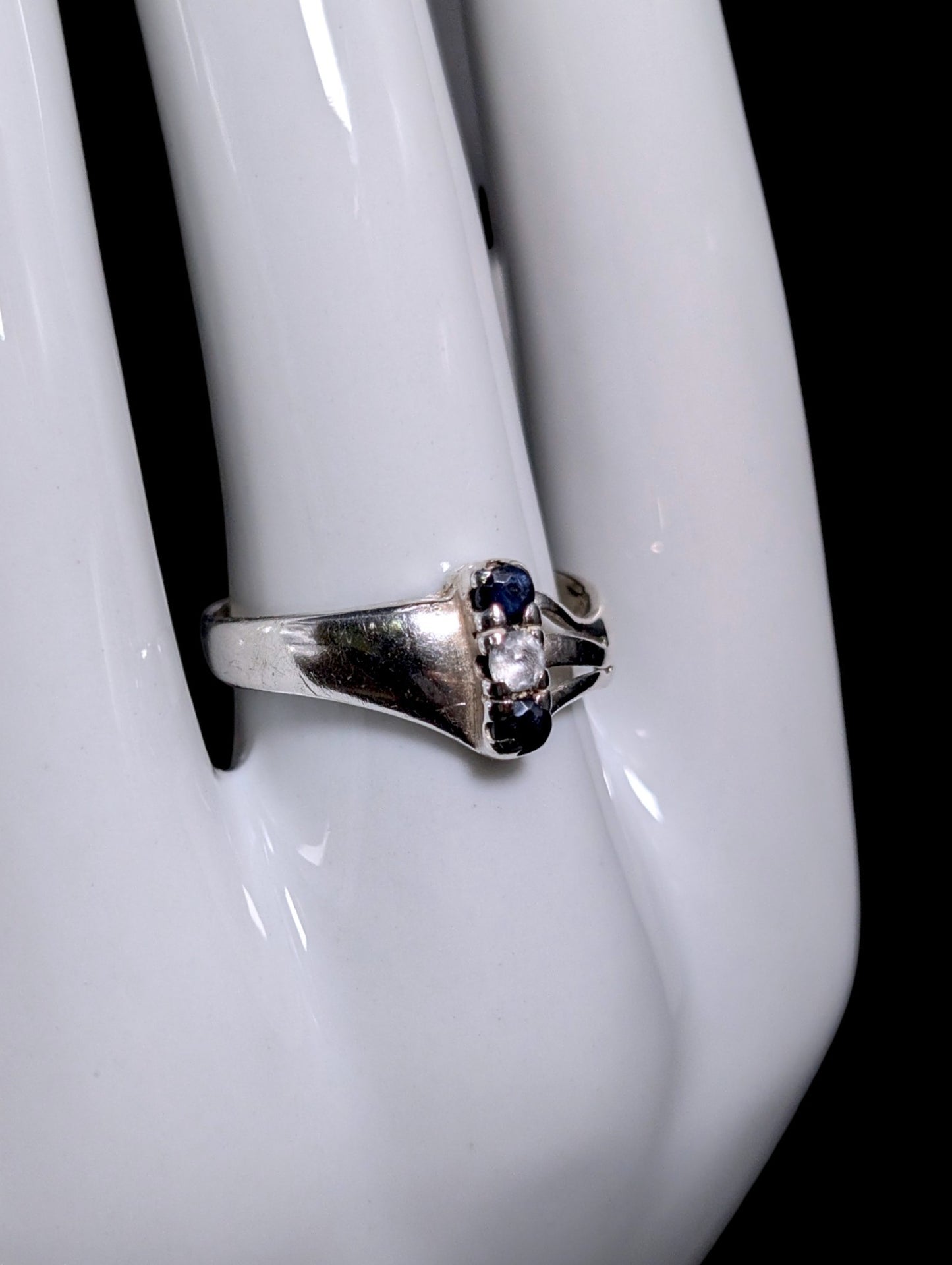 Vintage Round Cut Genuine Sapphire and Cubic Zirconia Sterling Silver Row Ring