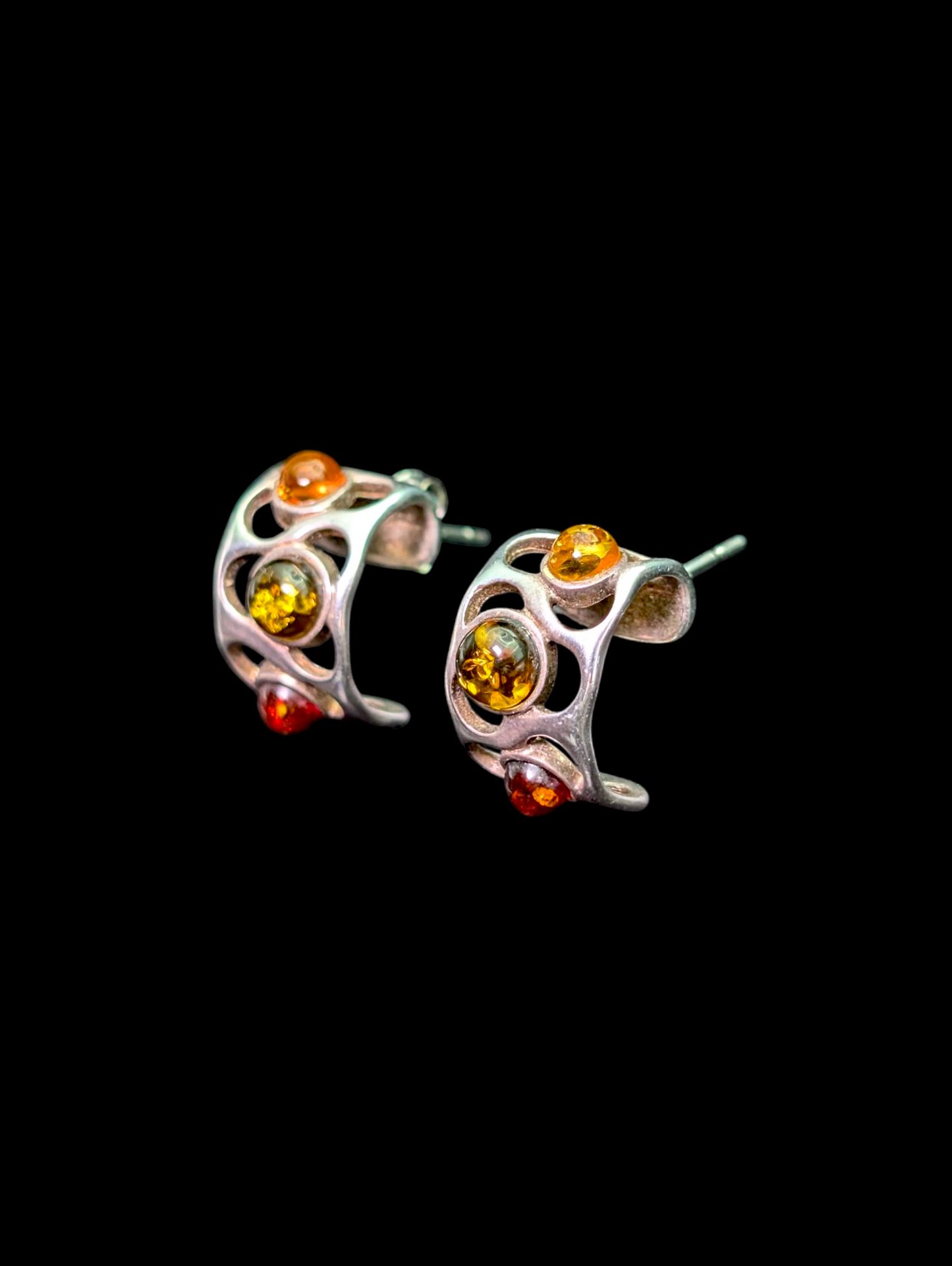 Vintage Cuff Style Genuine Tri-Color Amber Sterling Silver Earrings