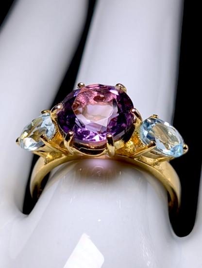 Vintage Large Round Brilliant Cut Genuine Amethyst and Sky Blue Topaz Accompaniments 14k Yellow Gold over Sterling Statement Ring