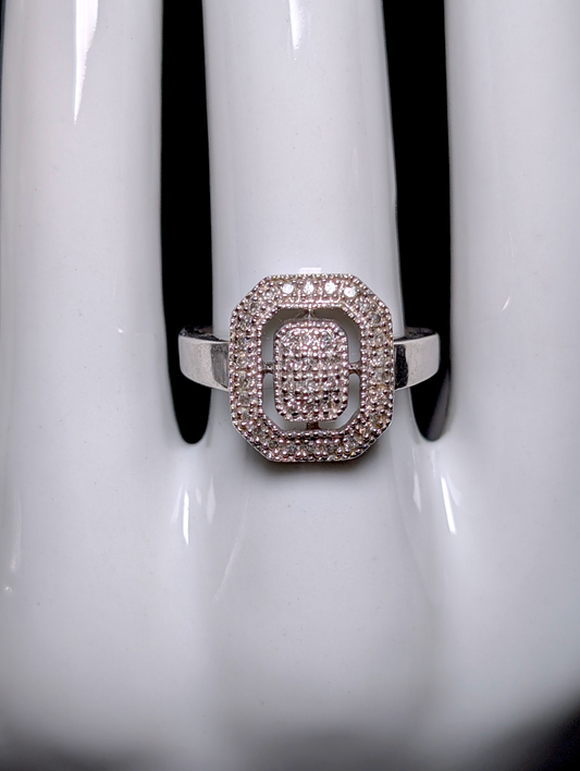 Vintage Step Cut Out Design Verified Genuine Diamond Sterling Silver Engagement Ring