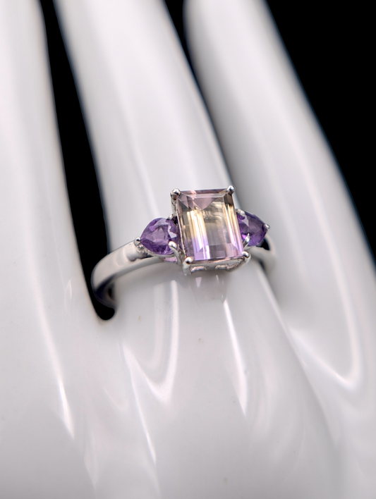 Vintage Emerald Cut Genuine Tricolor Ametrine and Amethyst Heart Cut Sterling Silver Ring