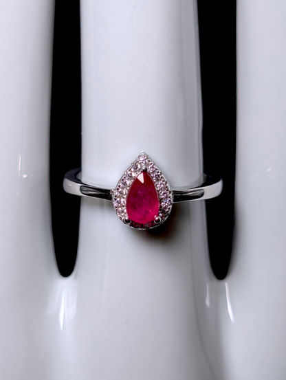 Vintage Dainty Pear Cut Genuine Ruby Solitaire with Simulated Halo Sterling Silver Stackable Ring