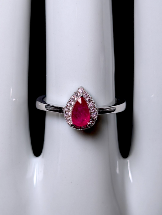 Vintage Dainty Pear Cut Genuine Ruby Solitaire with Simulated Halo Sterling Silver Stackable Ring