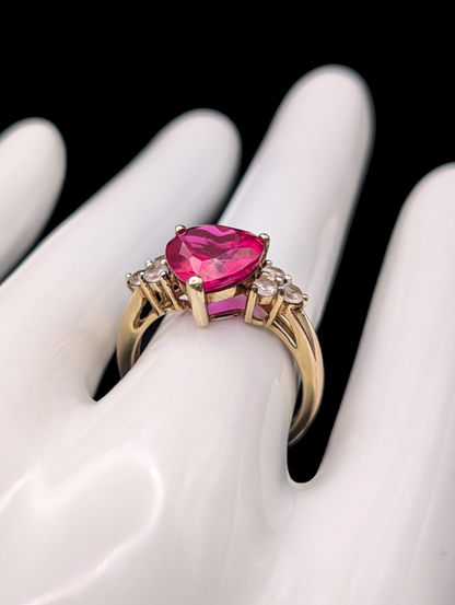 Vintage Genuine Red Ruby Heart with White Sapphire 14k Yellow Gold Vermeil Ring