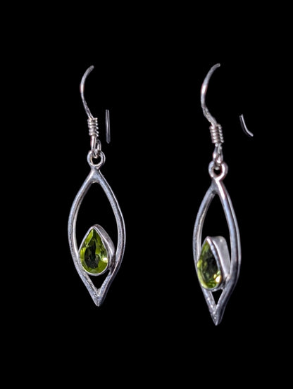 Vintage Tear Drop Pear Bezel Genuine Peridot Dangle Sterling Silver Earrings