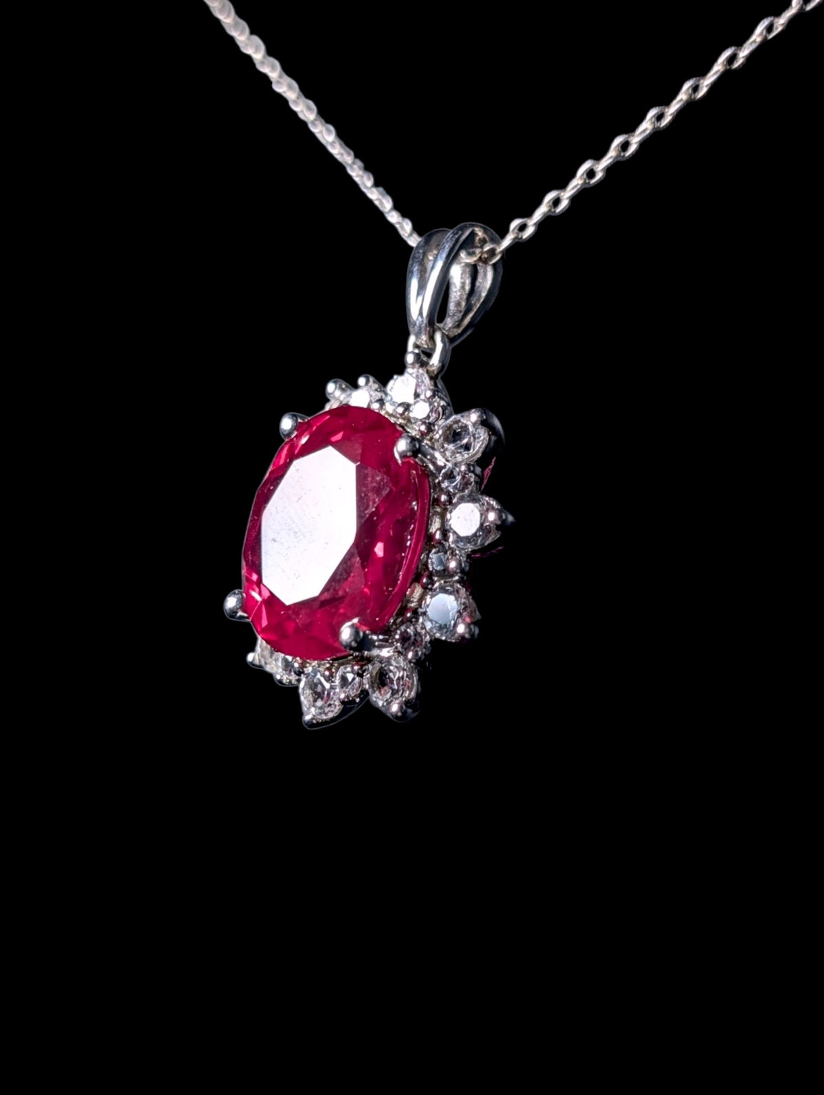 Vintage Large Genuine Ruby and White Topaz Starburst Halo Sterling Silver Pendant