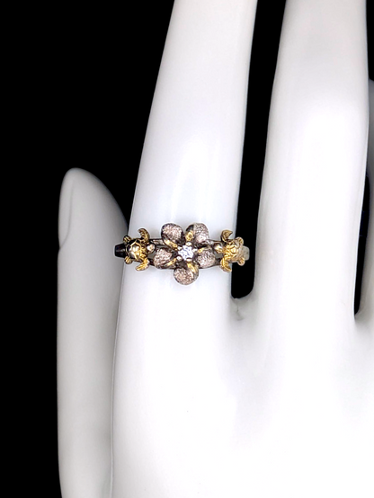 Vintage Hawaiian Golden Turtles and Tropical Flower with Simulated Diamond Solitaire Sterling Silver Ring