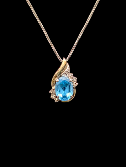 Vintage 10k Gold Vermeil Genuine Swiss Blue Topaz and Diamond Accent Pendant