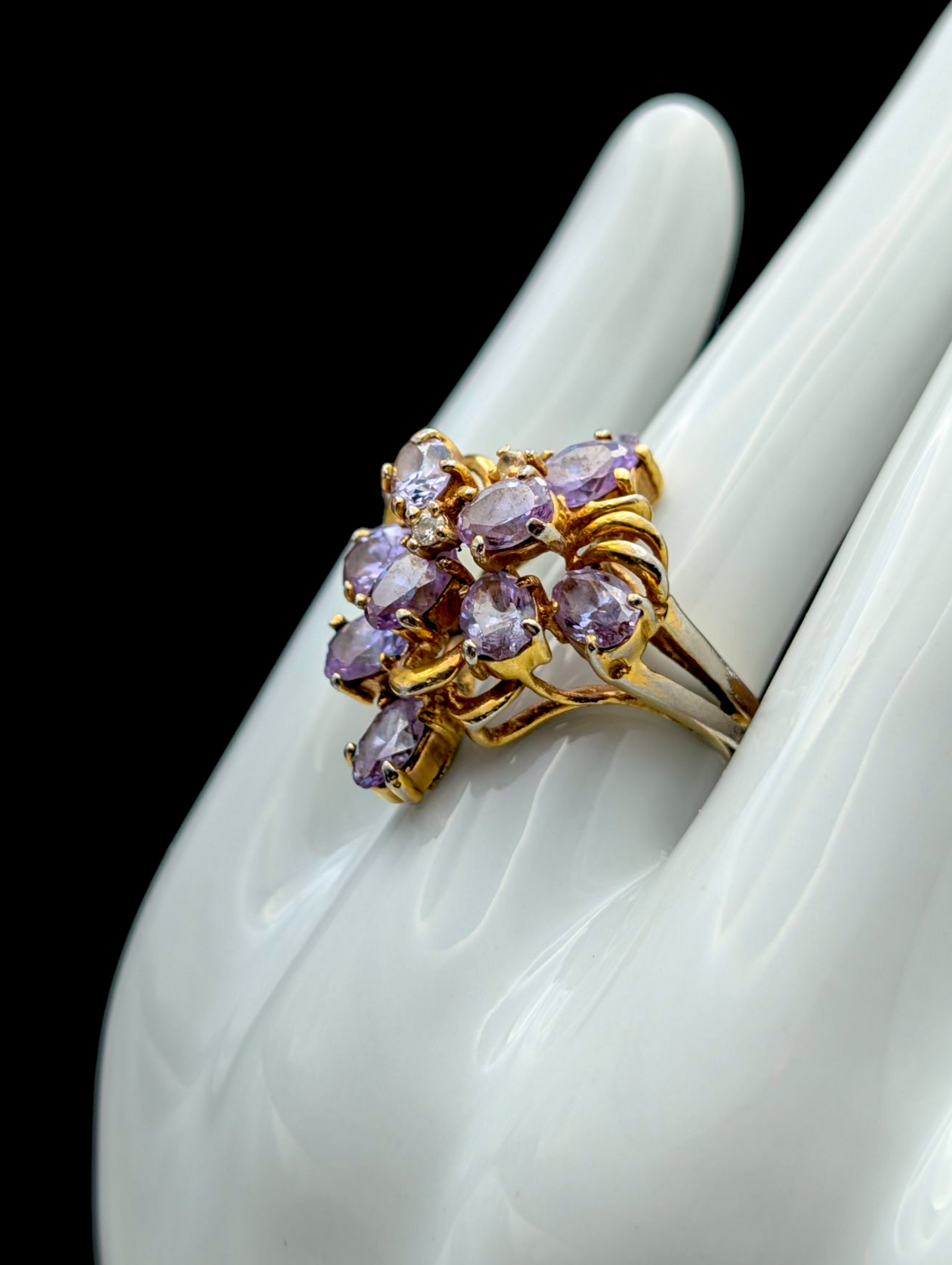 Vintage Flower Cluster Simulated Amethyst and Simulated Diamond Accented Gold Tone Statement Ring