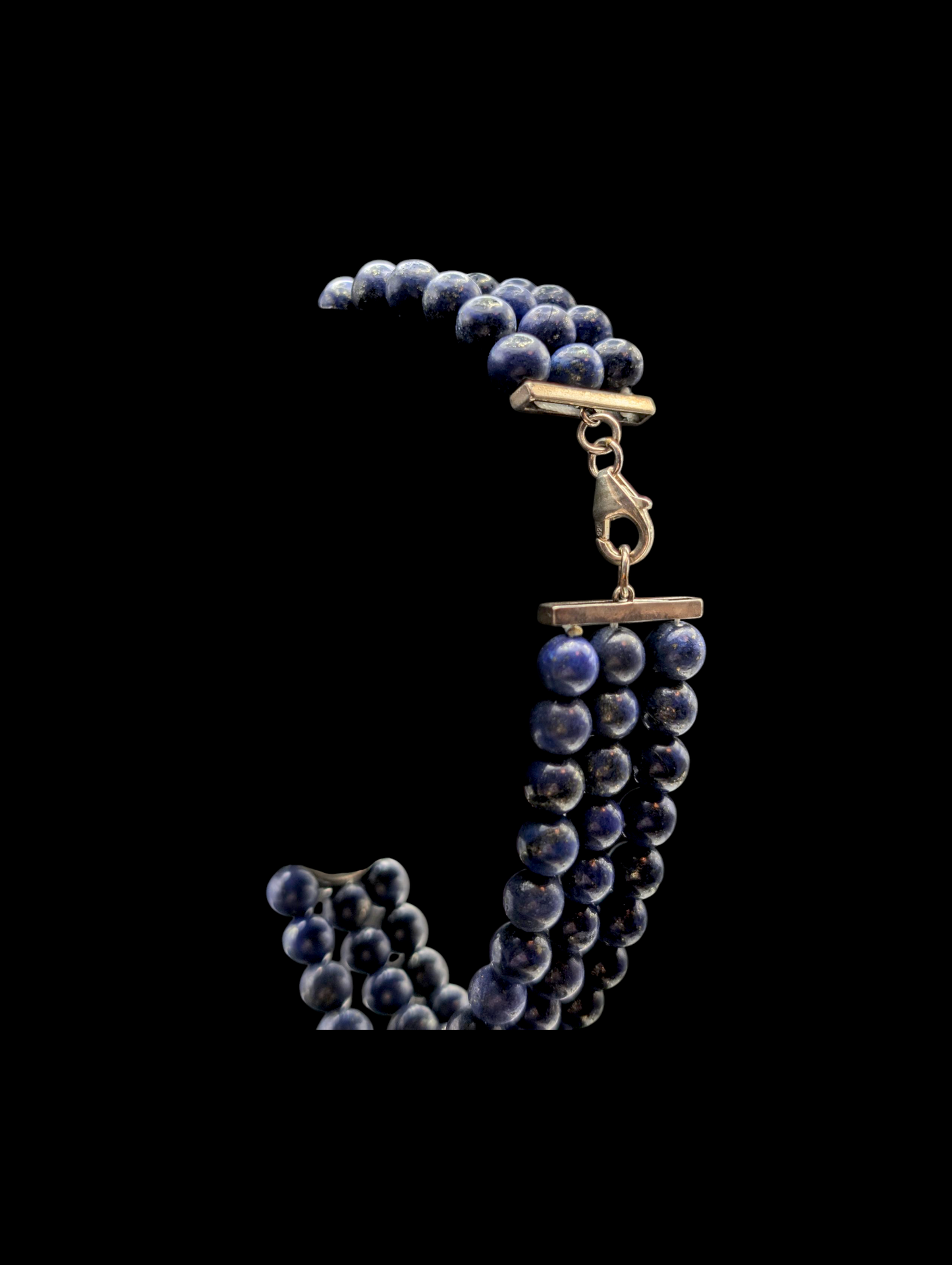 Vintage Genuine Lapis Lazuli Egyptian Inspired Sterling Silver Multi Strand Bracelet