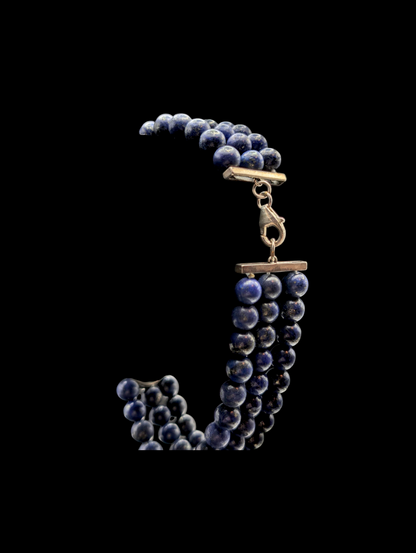 Vintage Genuine Lapis Lazuli Egyptian Inspired Sterling Silver Multi Strand Bracelet