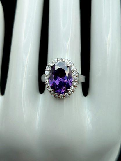 Vintage Large Oval Cut Simulated Grape Amethyst and Simulated Diamond Halo Silver Toned Vacation Cocktail Statement Ring