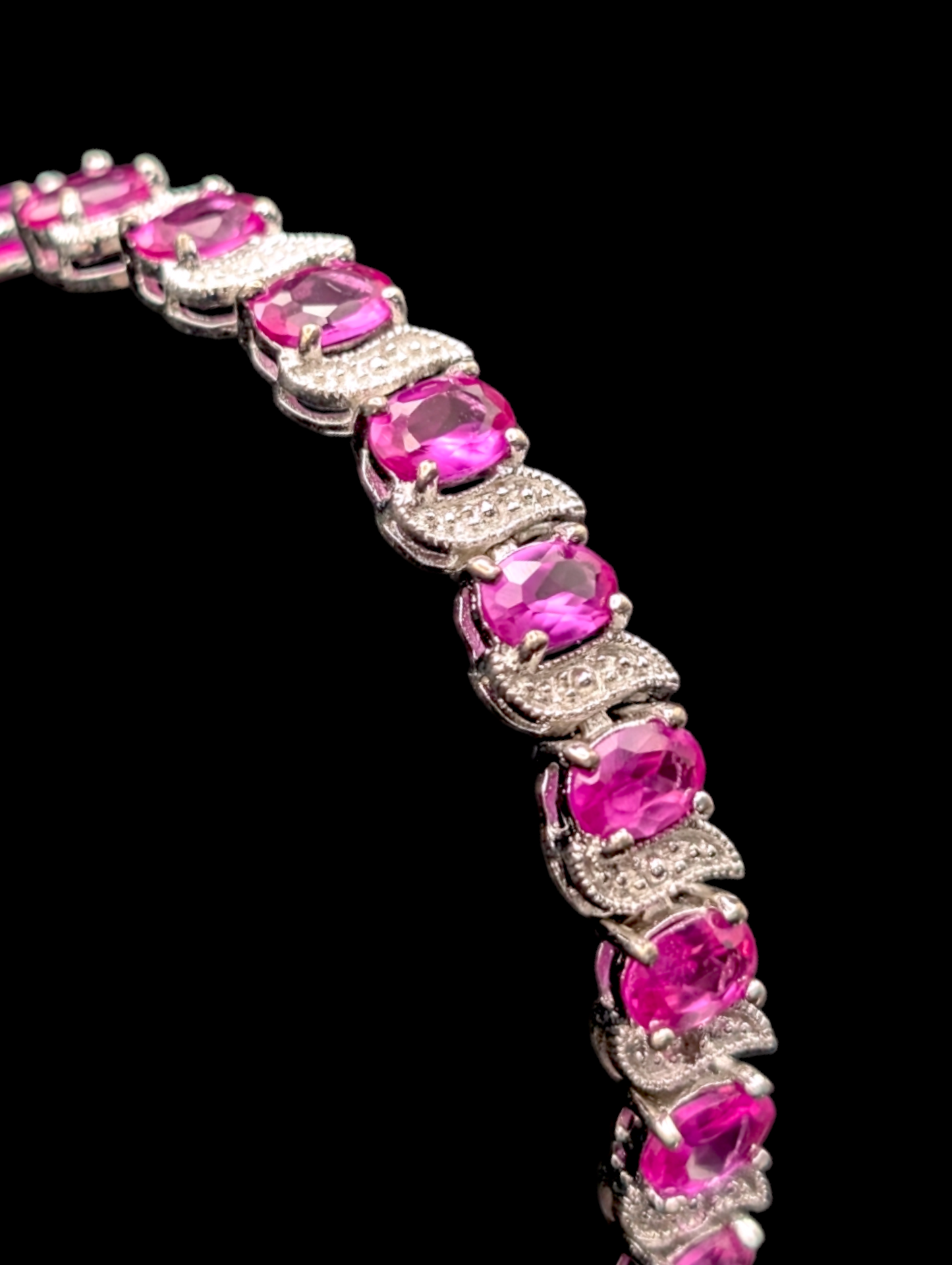Vintage Inspired Genuine Pink Ruby 925 Sterling Silver Tennis Bracelet