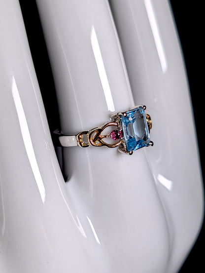 Vintage Emerald Cut Genuine Topaz and Pink Tourmaline 14k Yellow Gold and Sterling Silver Ring