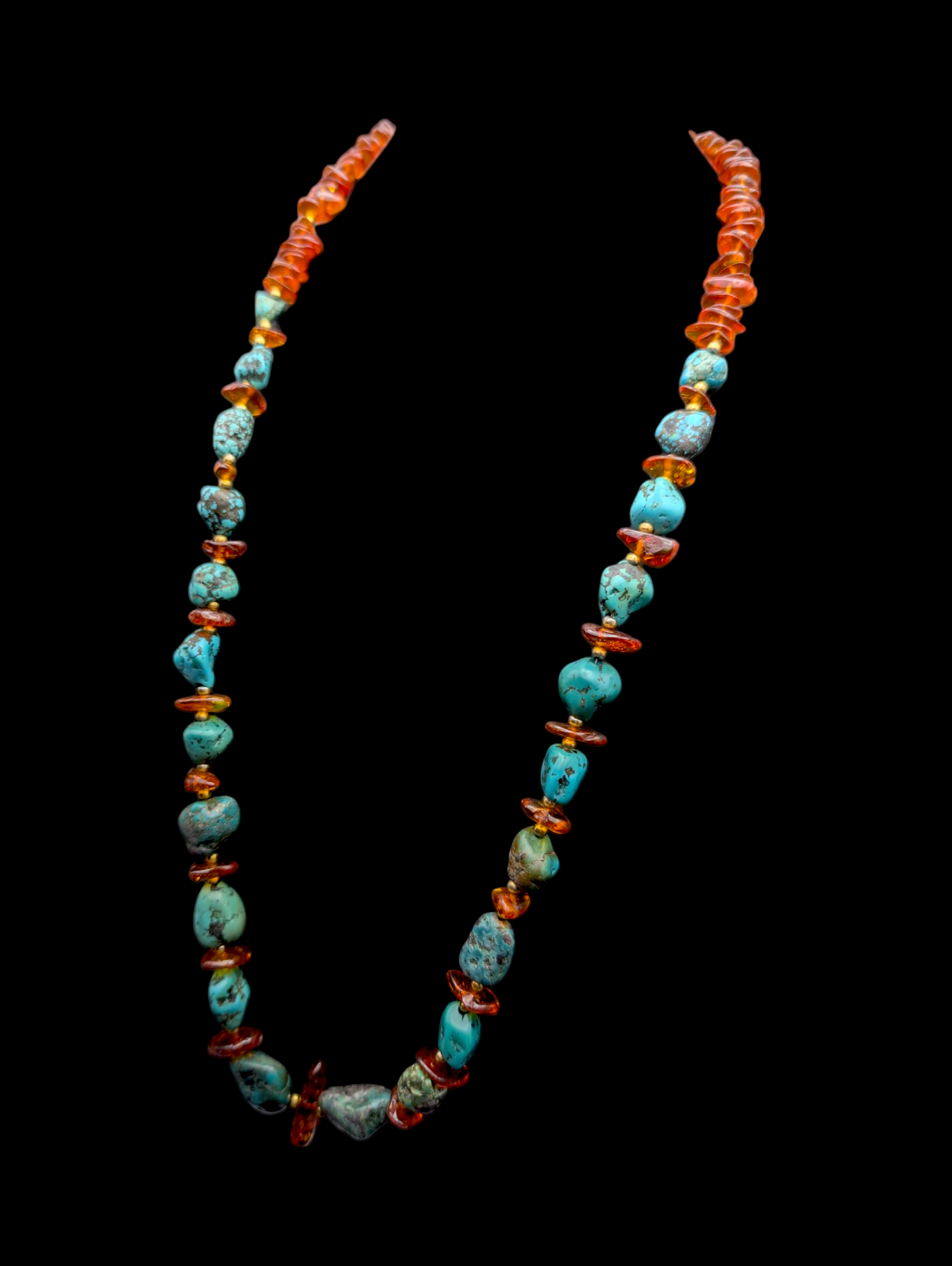 Vintage Genuine Amber and Turquoise with Gold Bead Southwest Style Gemstone Necklace