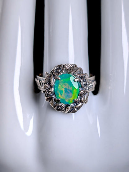Vintage Art Nouveau Inspired Paz Israel Genuine Opal and Flower Wreath Sterling Silver Ring