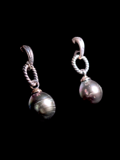Vintage Genuine Tahitian Black Pearl Drop Sterling Silver Twisted Rope Dangle Earrings