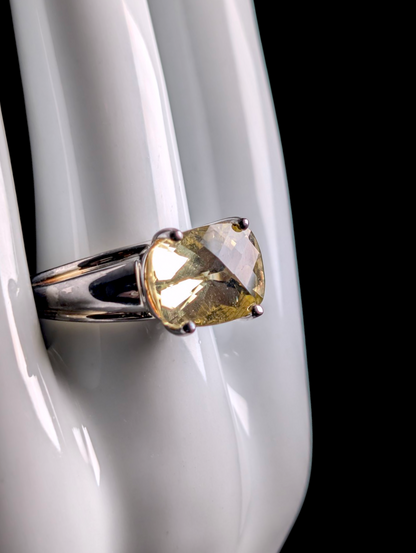 Vintage 8+ Carat East West Checkerboard Cushion Cut Genuine Pale Yellow Citrine Solitaire Sterling Silver Statement Ring