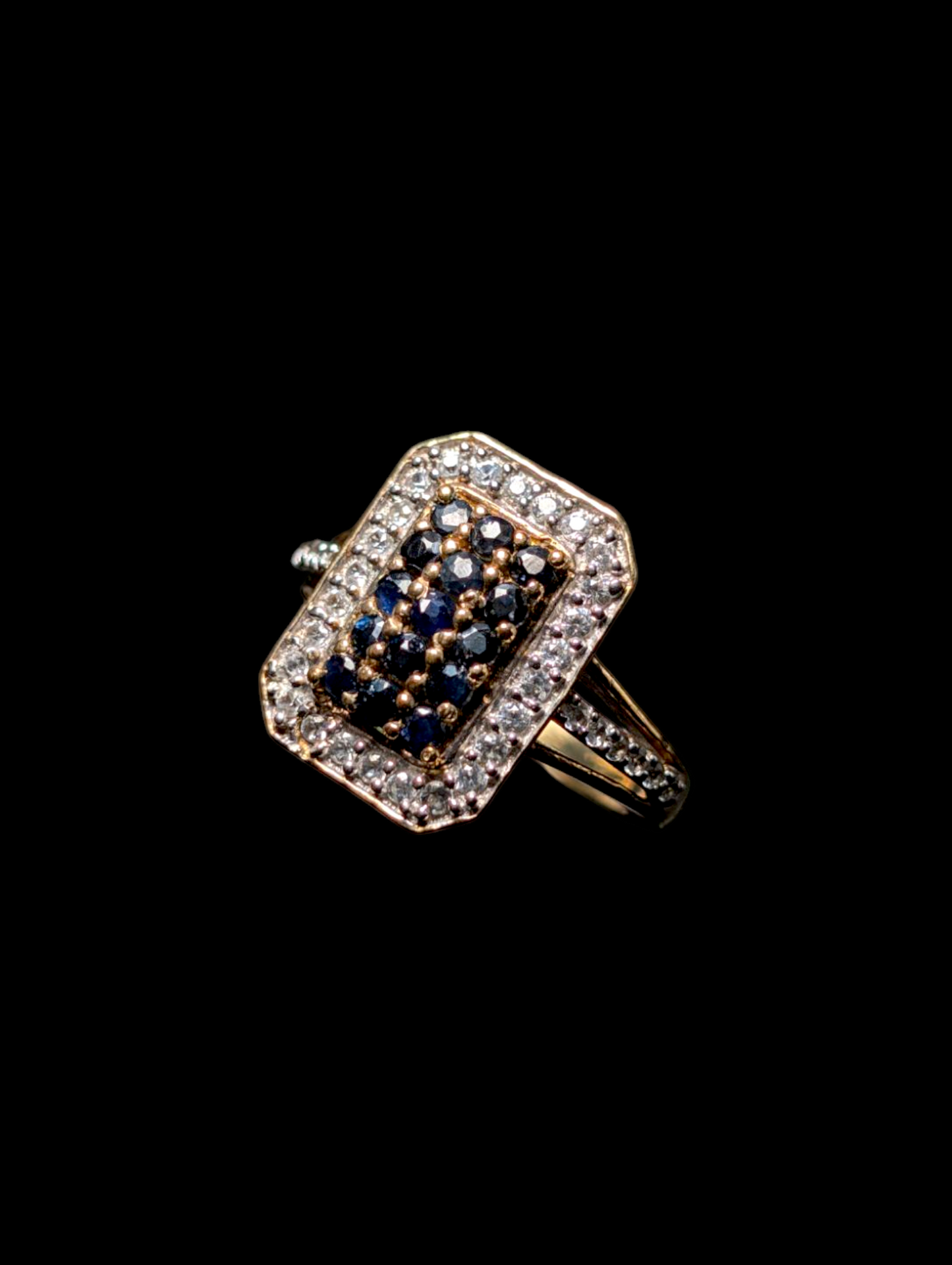 Vintage Elongated Cluster Genuine Royal Blue Sapphire and White Topaz 14k Yellow Gold Vermeil Tri Split Shank Ring