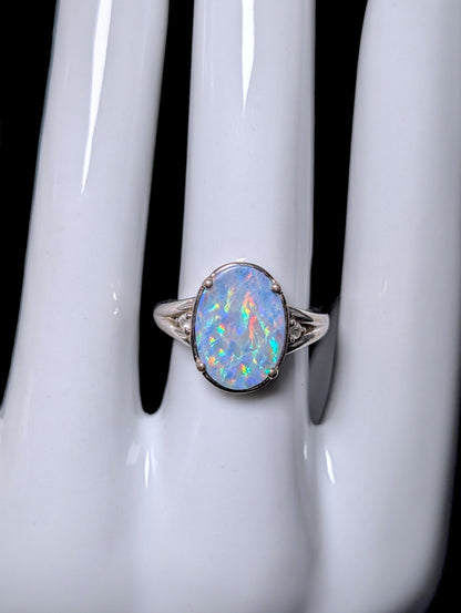 Vintage Oval Solitaire Genuine Opal Doublet and White Topaz Sterling Silver Split Shank Ring