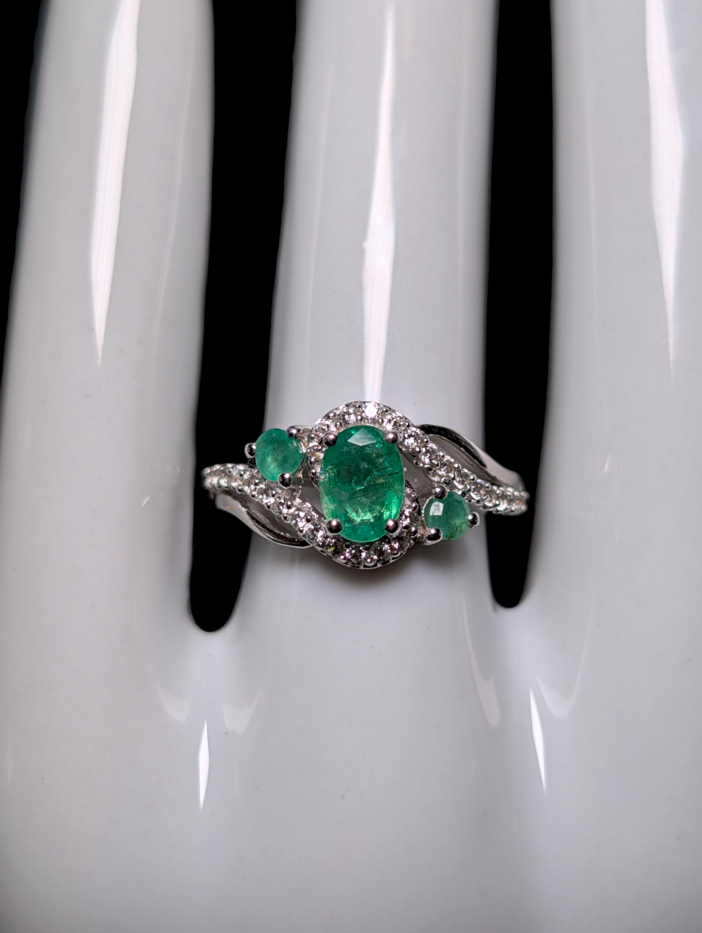 Vintage Earth Mined Genuine Emerald and White Topaz Sterling Silver Bypass Ring
