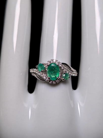Vintage Earth Mined Genuine Emerald and White Topaz Sterling Silver Bypass Ring