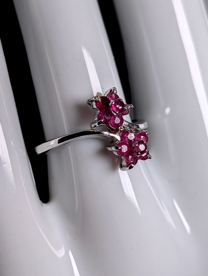 Vintage Dainty Twin Flower Round Cut Earth Mined Genuine Ruby Sterling Silver Ring