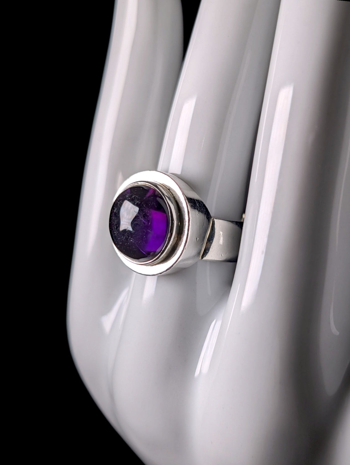 Vintage Bezel Set Genuine Amethyst Cabochon Thick Band Nepal Ring