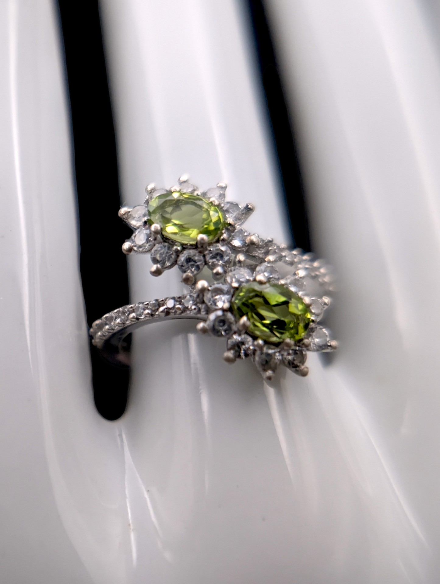 Vintage Starburst Double Genuine Peridot and White Topaz Halo Sterling Silver Ring