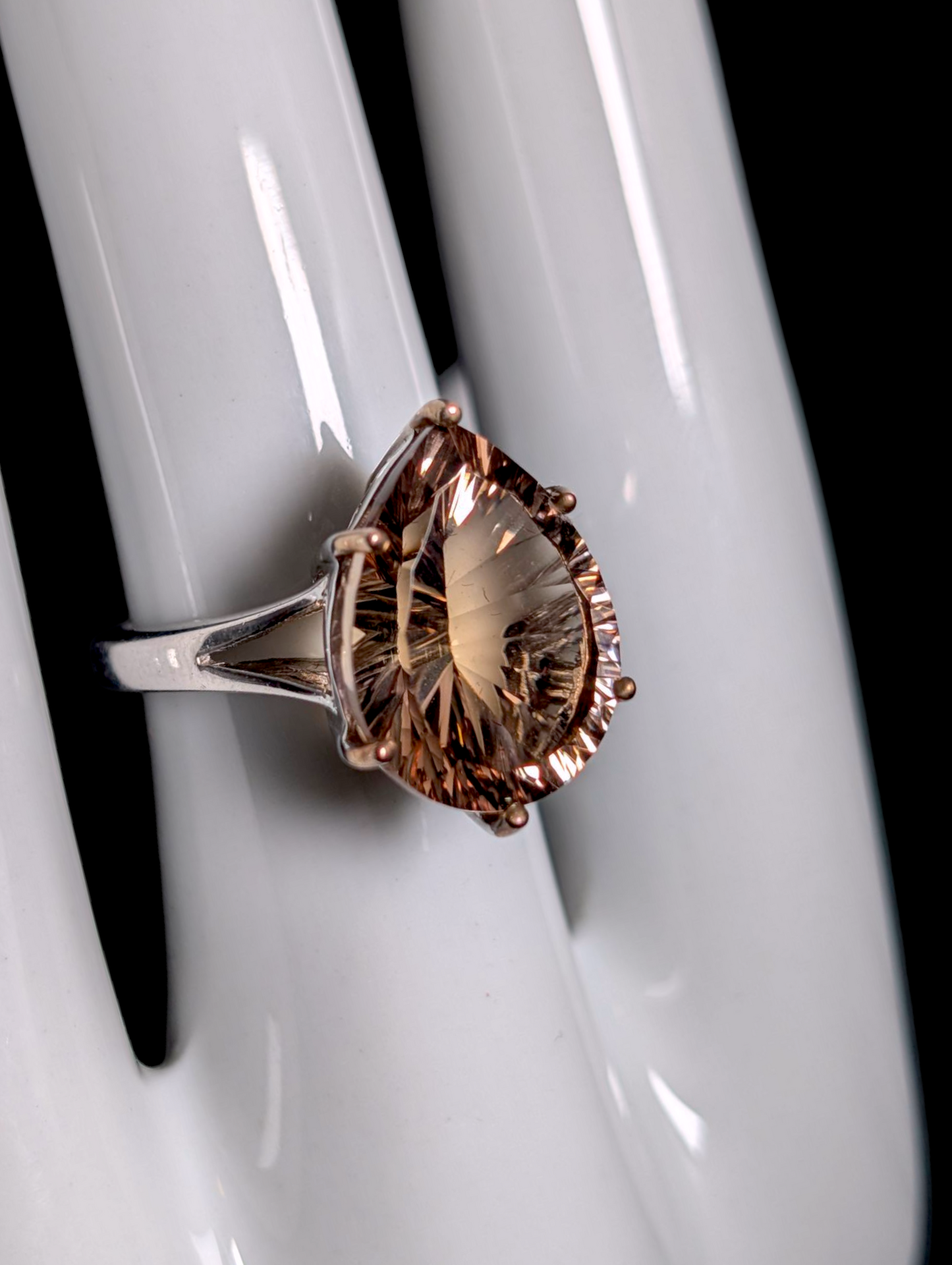 Vintage Large Pear Cut Genuine Champagne Quartz Sterling Silver Statement Ring
